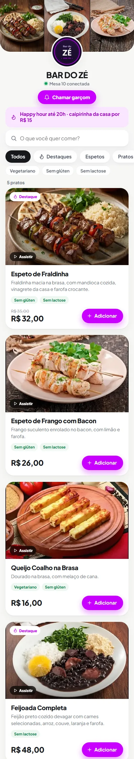 Página do Bar do Zé no iChame: capa, logo e cardápio com fotos